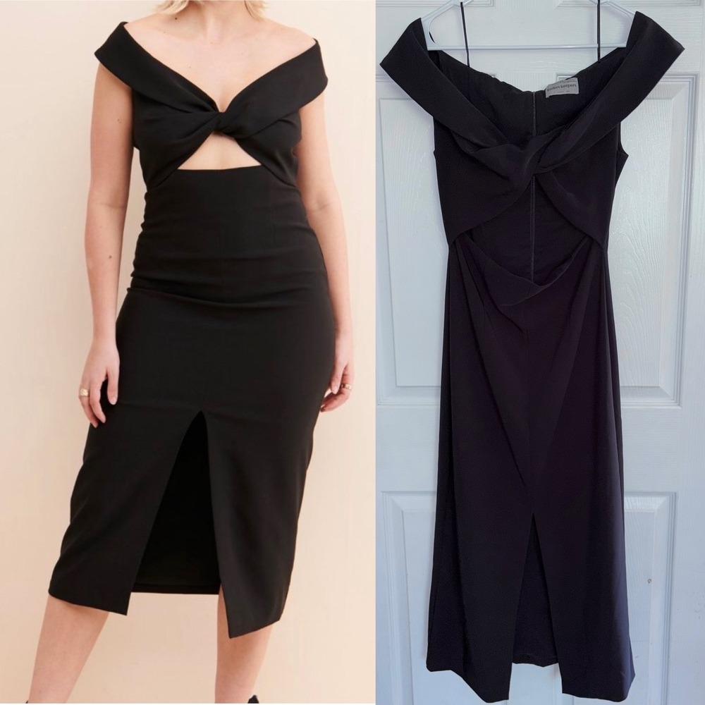 Finders Keepers Mae Midnight Midi Dress 6 Black Cutout Twist Front Off Shoulder